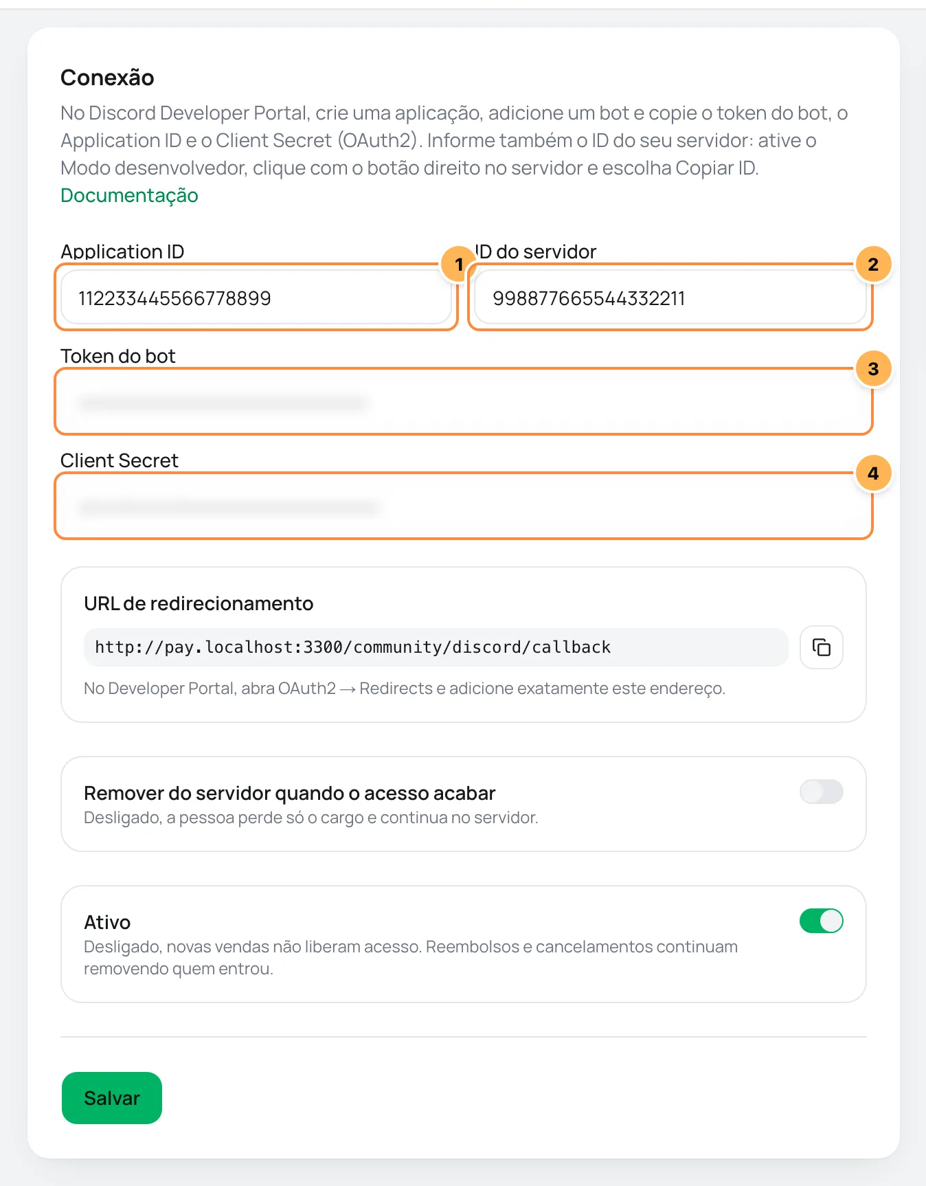 Card Conexão do Discord no Vipter com o Application ID, o ID do servidor, o token do bot e o Client Secret numerados, e a URL de redirecionamento