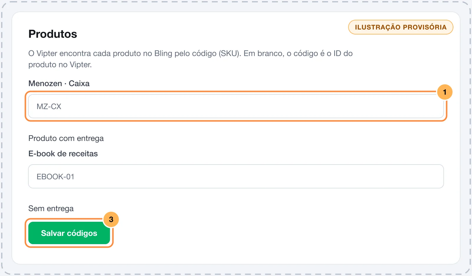 Card Produtos com um produto com entrega e o código digitado, um produto vinculado ao ID do ERP e o botão Salvar códigos