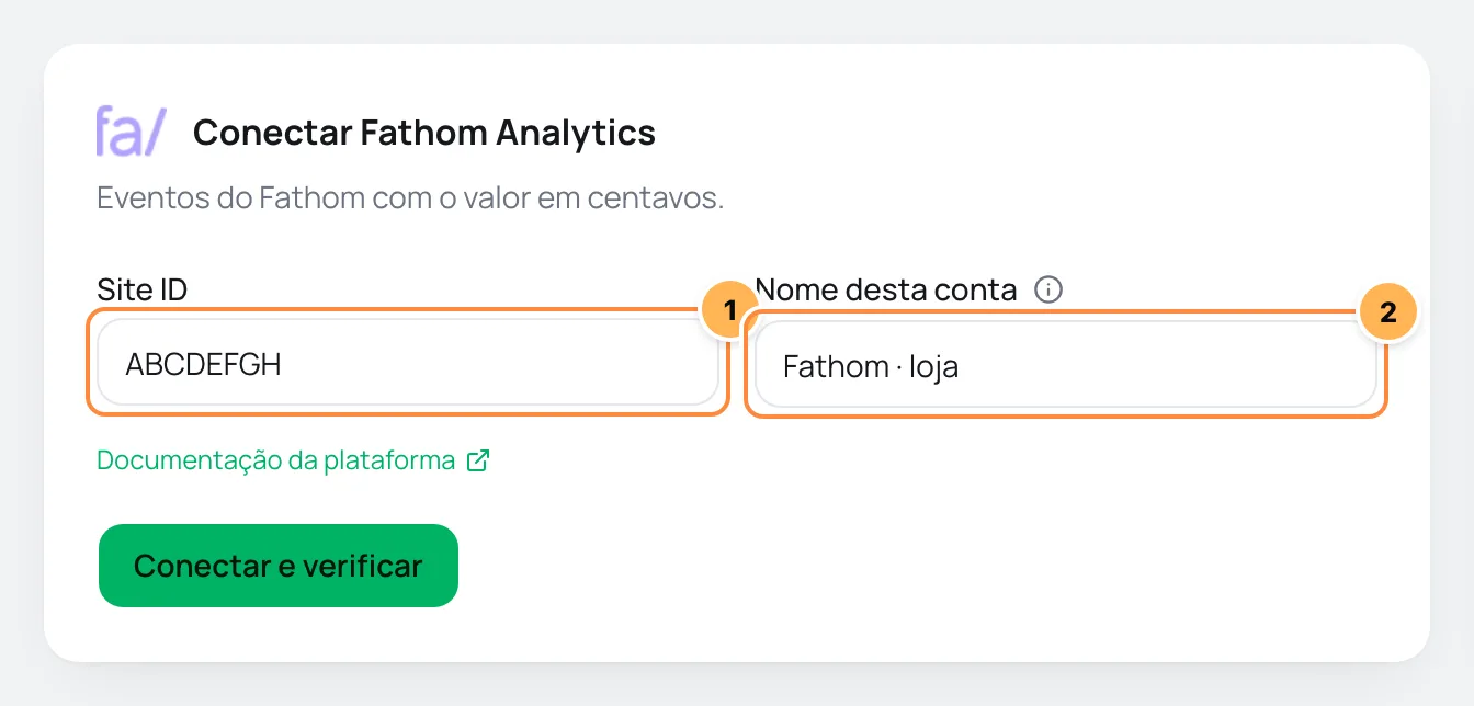 Formulário Conectar Fathom Analytics com Site ID e nome da conta numerados