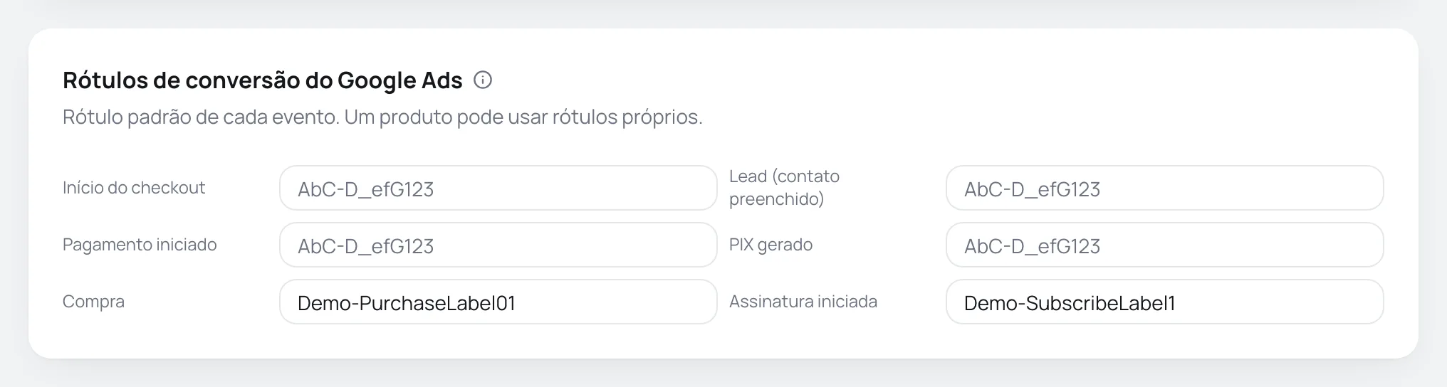 Cartão Rótulos de conversão do Google Ads com um campo de rótulo para cada evento