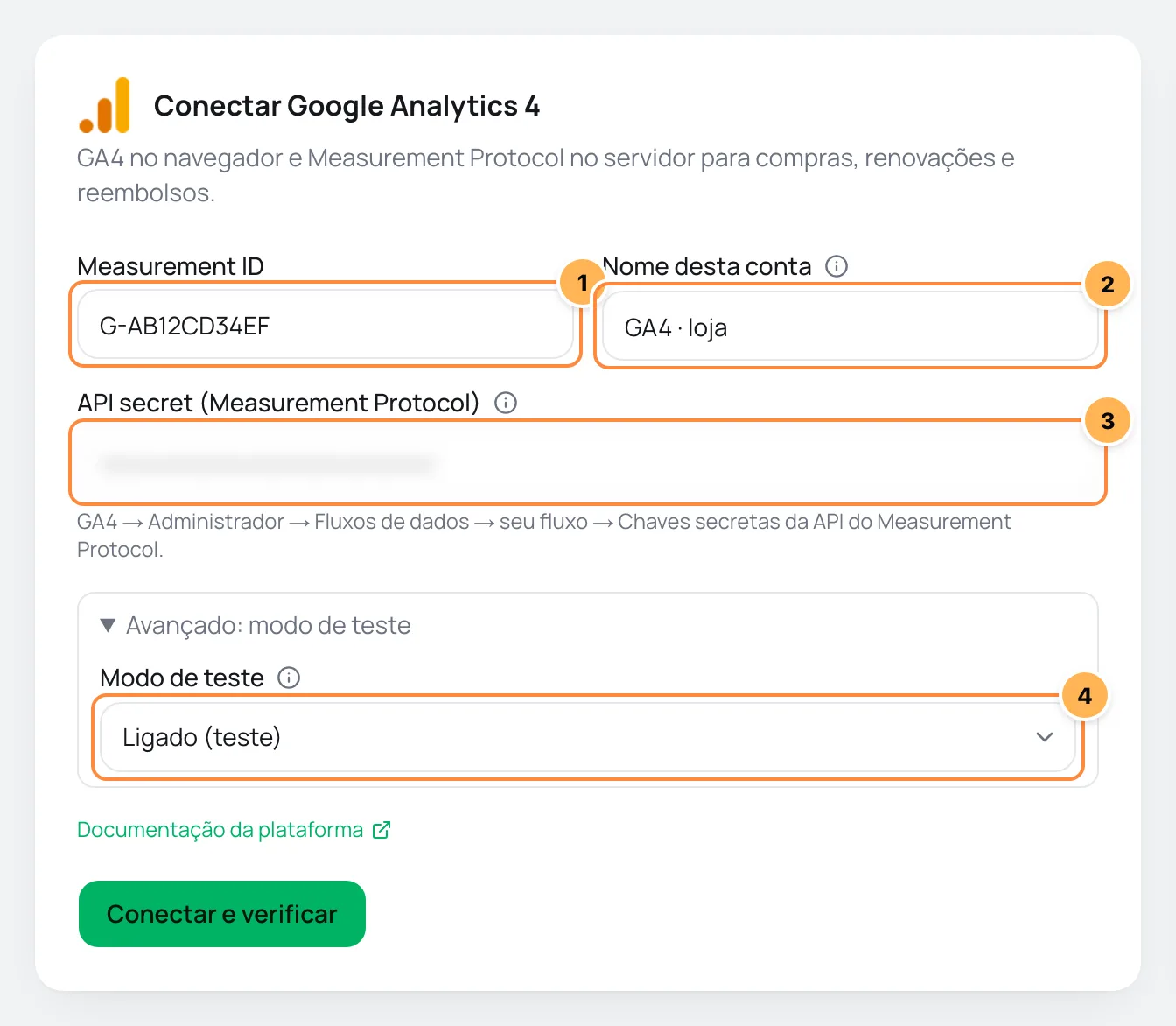 Formulário Conectar Google Analytics 4 com Measurement ID, nome da conta, API secret e modo de teste numerados