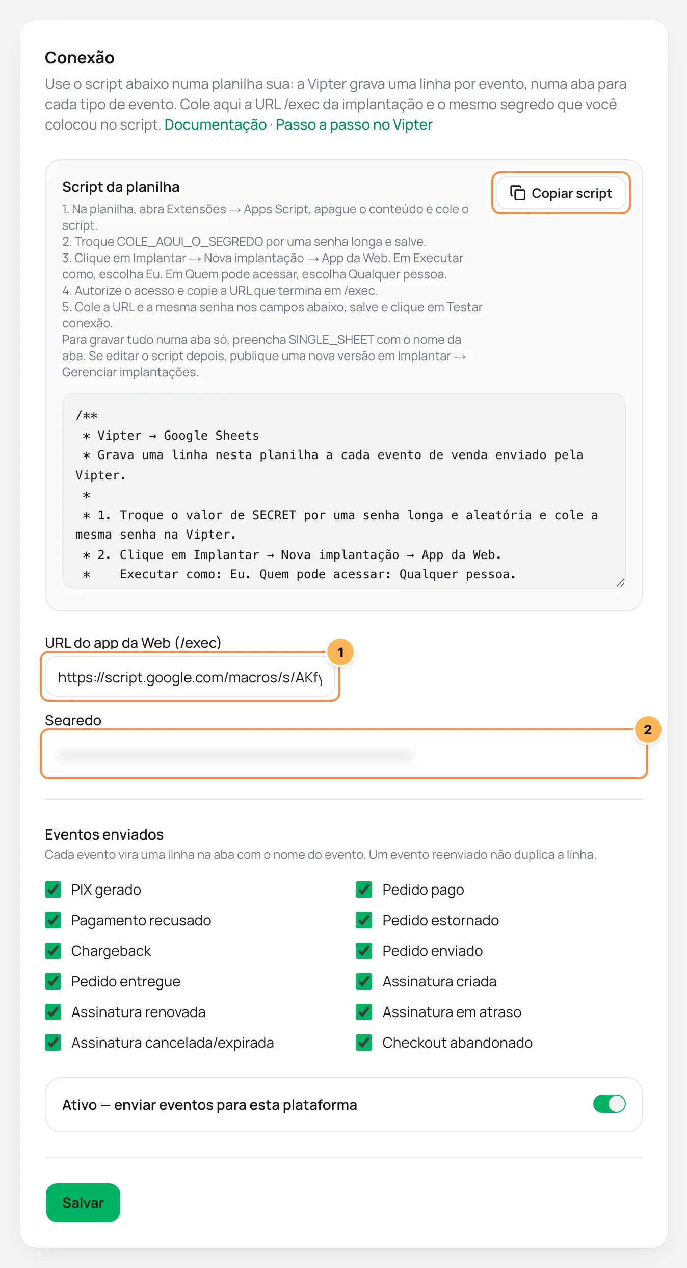 Página do Google Sheets no Vipter com o script da planilha, o botão Copiar script e os campos da conexão numerados