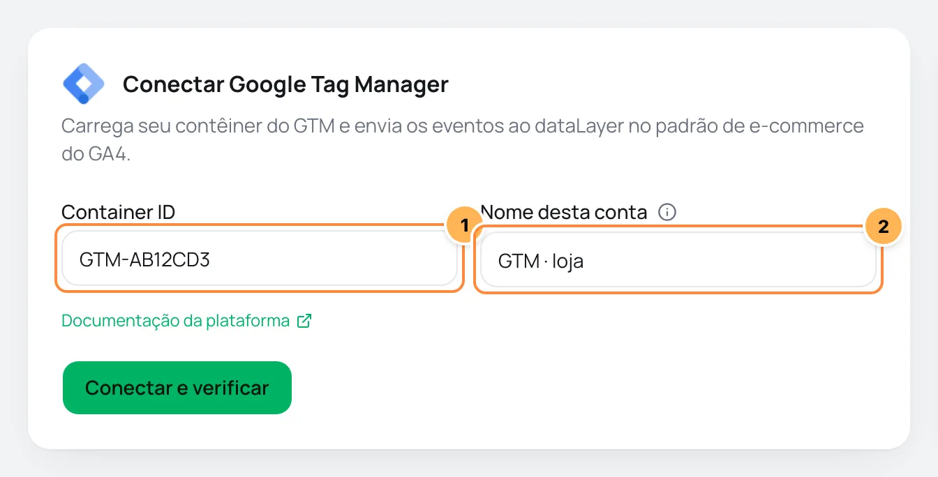 Formulário Conectar Google Tag Manager com Container ID e nome da conta numerados