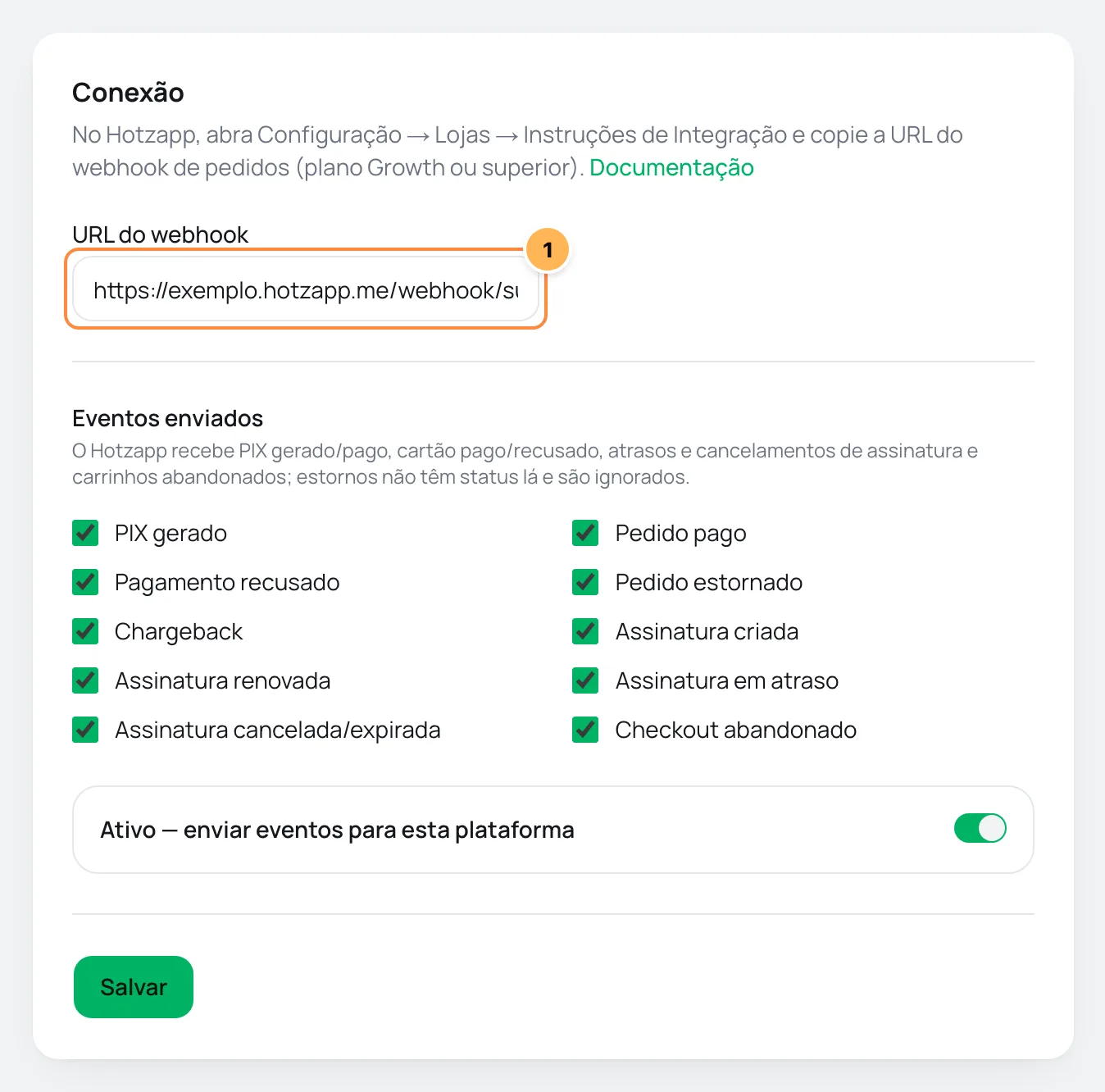 Cartão Conexão da Hotzapp no Vipter com o campo URL do webhook numerado e a lista de eventos