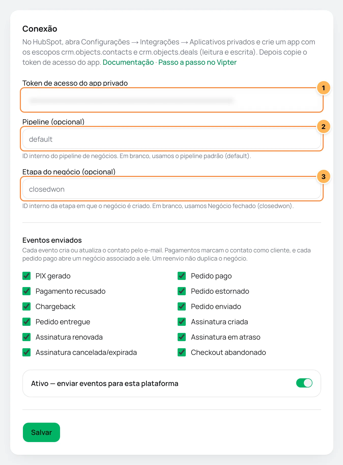 Cartão Conexão do HubSpot no Vipter com o token, o pipeline e a etapa do negócio numerados