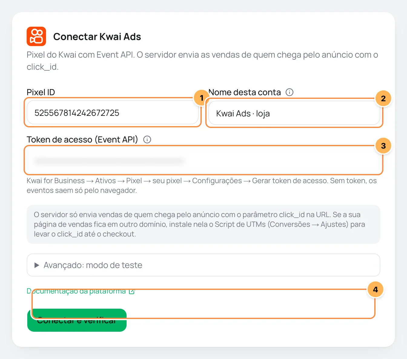 Formulário Conectar Kwai Ads com Pixel ID, nome da conta, token da Event API e modo de teste numerados e o aviso sobre o parâmetro click_id