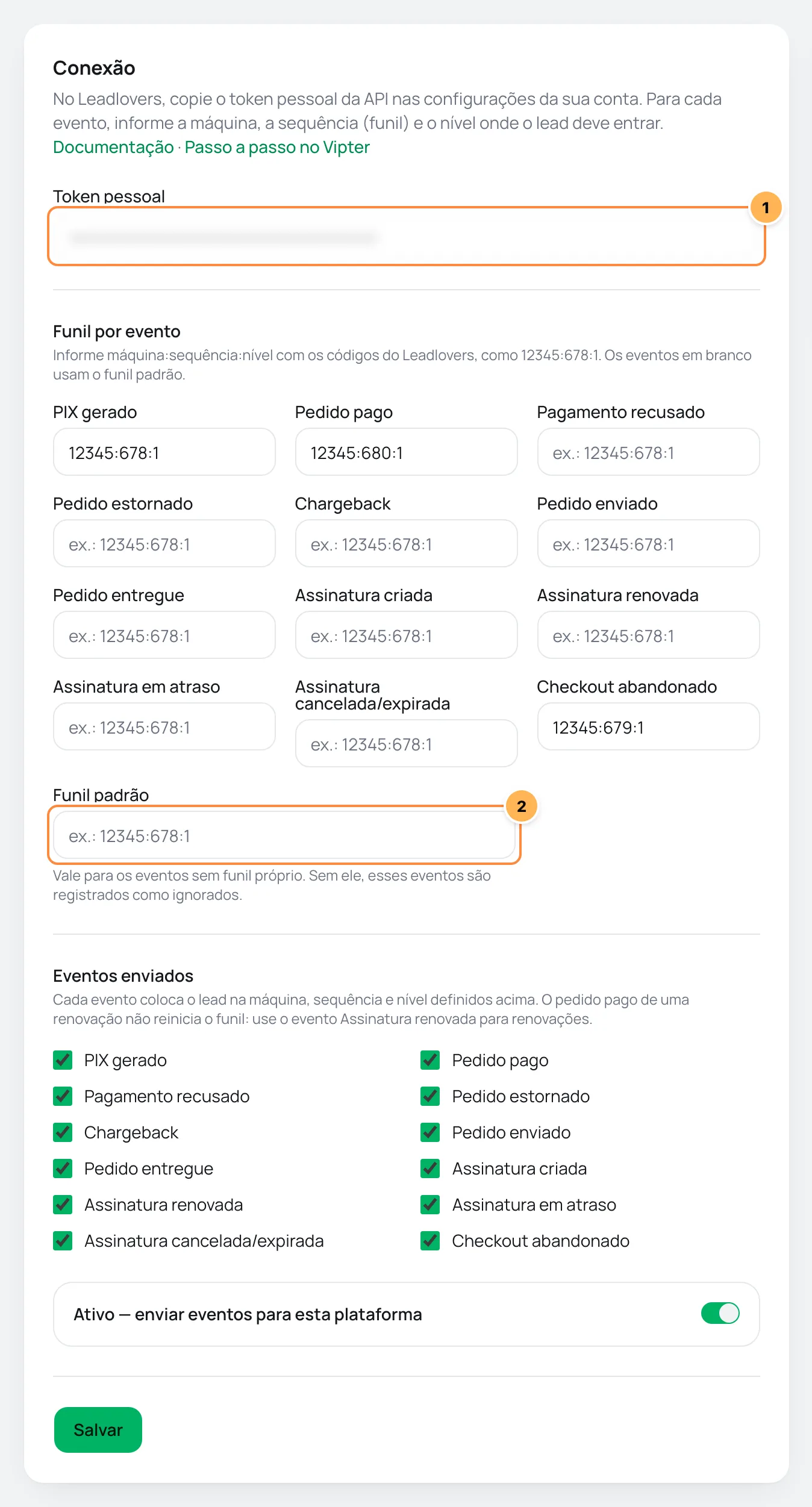 Cartão Conexão do Leadlovers no Vipter com o token, o funil por evento e o funil padrão