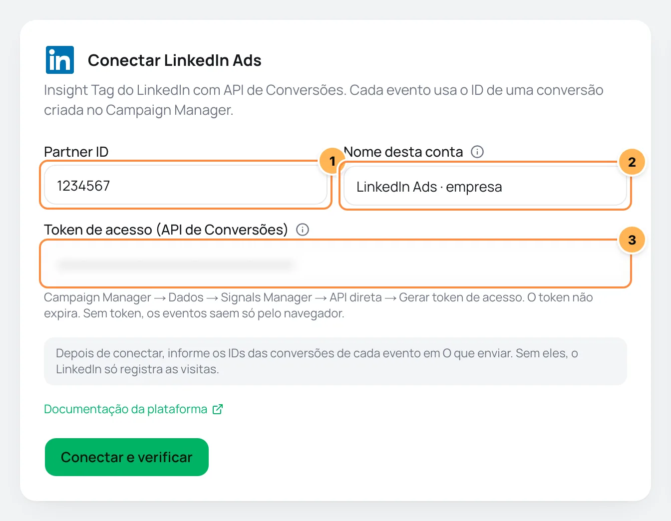 Formulário Conectar LinkedIn Ads com Partner ID, nome da conta e token de acesso numerados e o aviso sobre os IDs das conversões