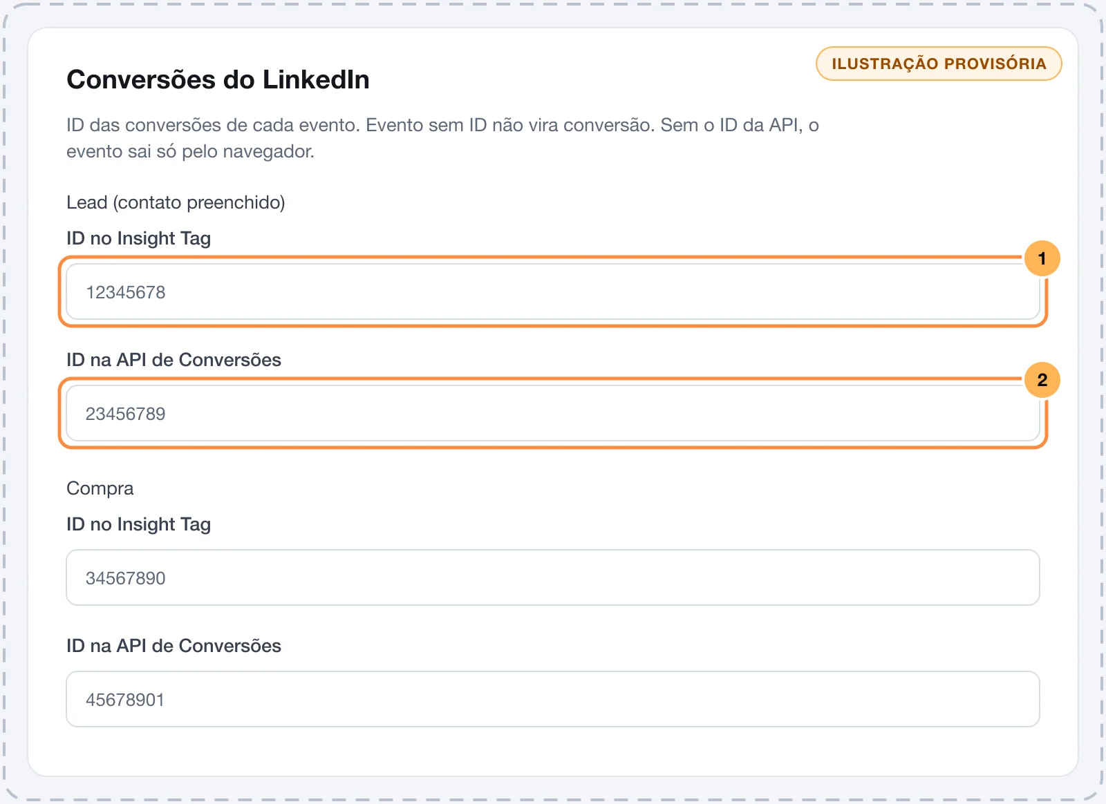 Cartão Conversões do LinkedIn com os campos ID no Insight Tag e ID na API de Conversões de cada evento