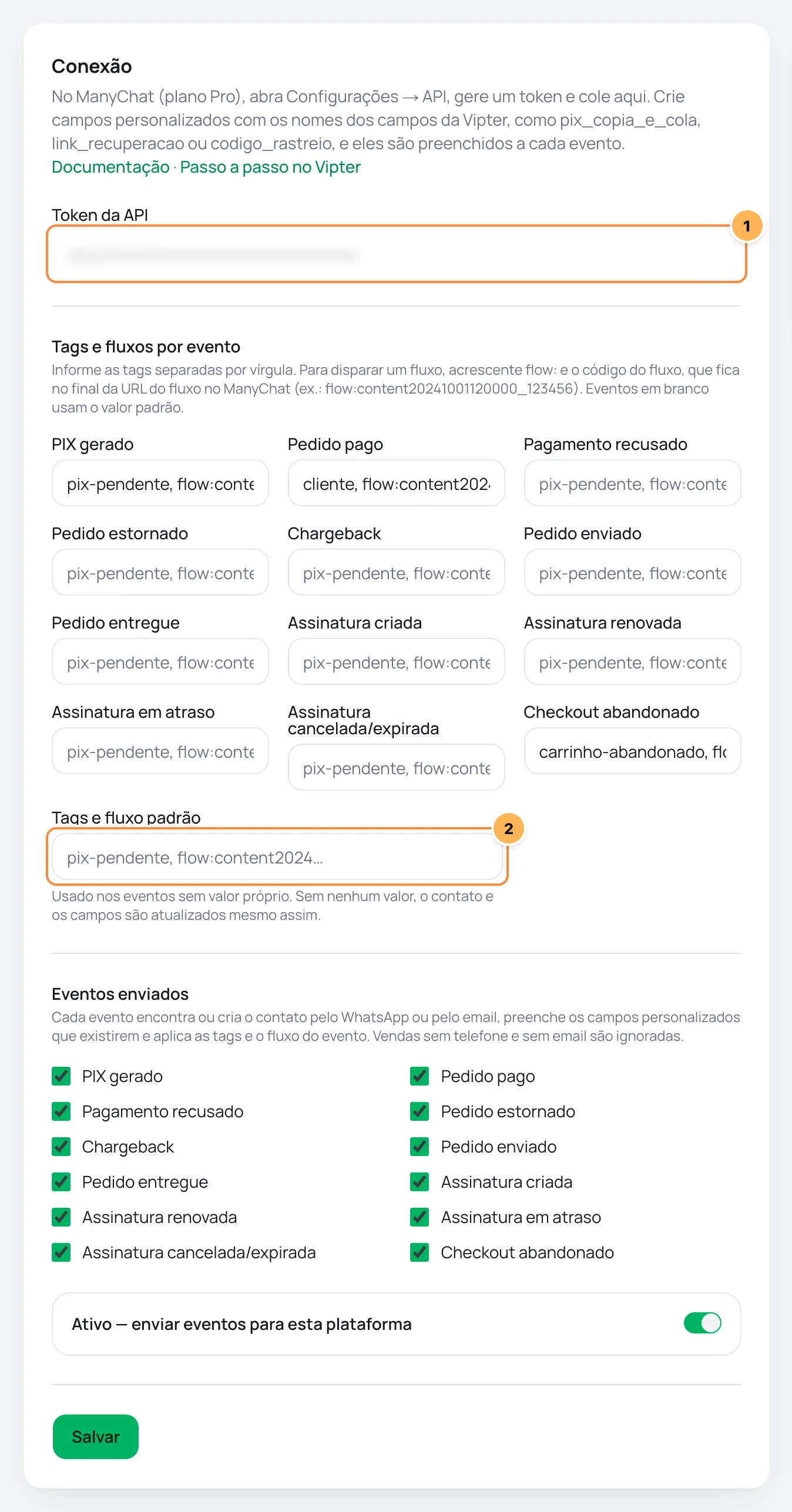 Cartão Conexão do ManyChat no Vipter com o token, as tags e fluxos por evento e o valor padrão