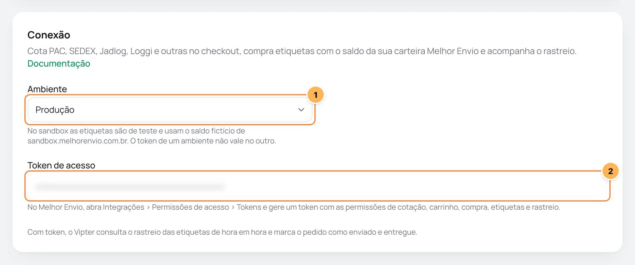 Card Conexão do Melhor Envio no Vipter com o ambiente e o token numerados