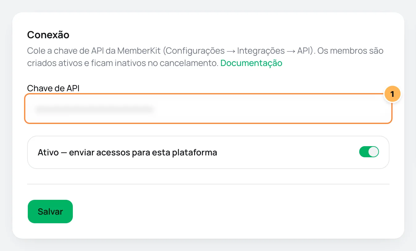 Card de conexão da MemberKit no Vipter com o campo da chave numerado