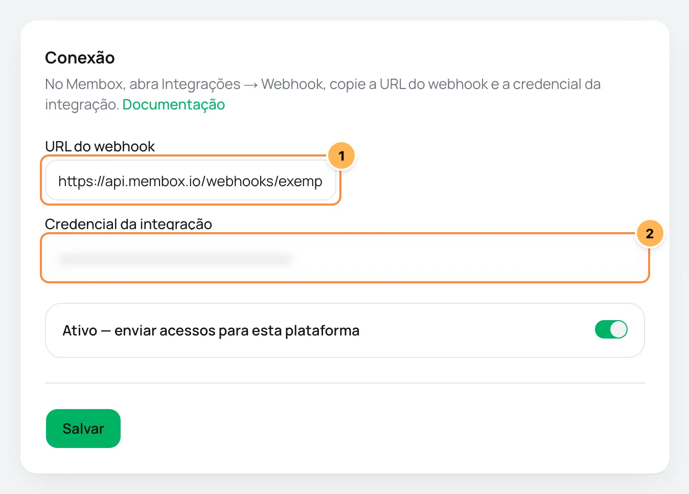 Card de conexão do Membox no Vipter com a URL do webhook e a credencial numeradas