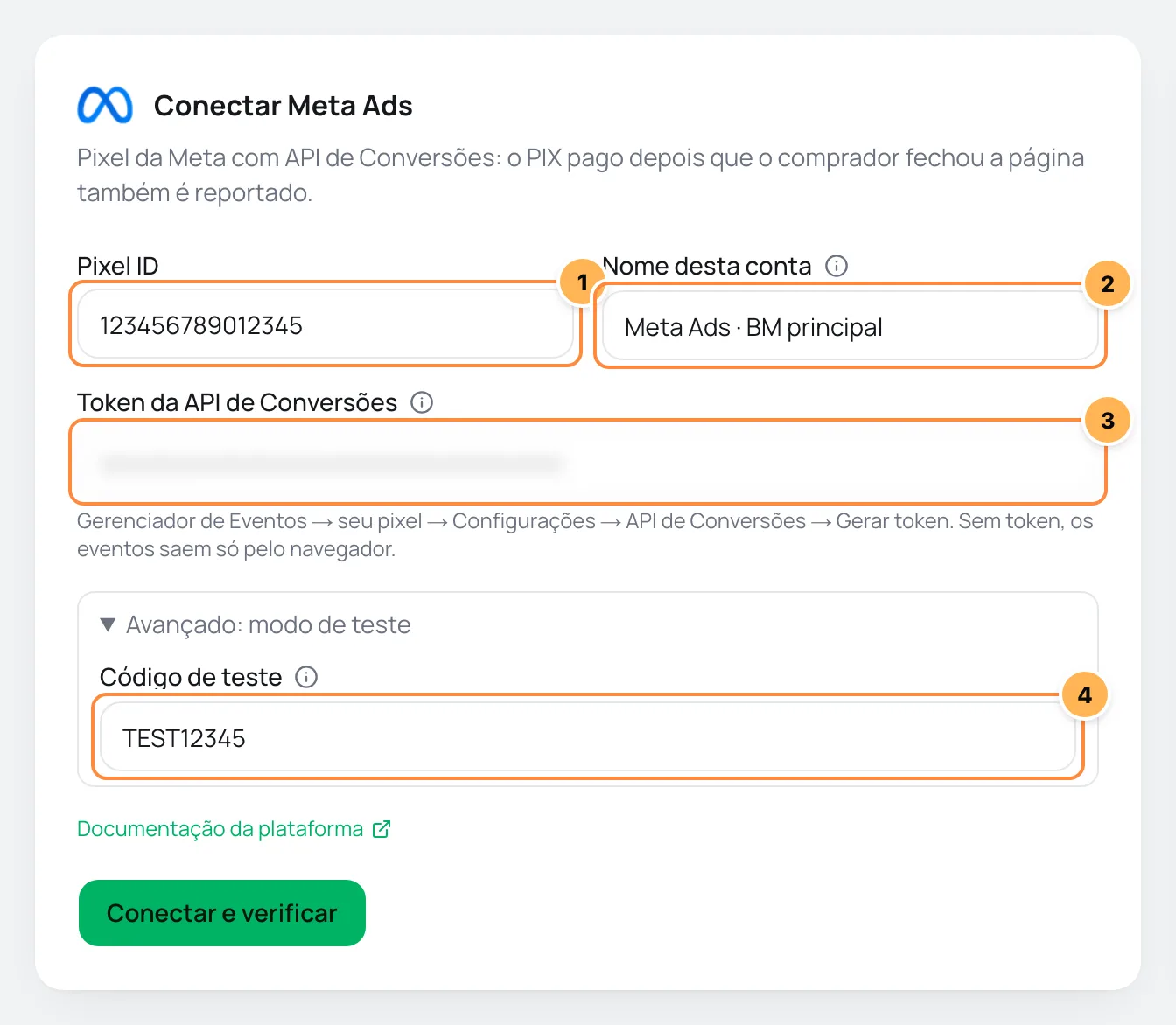 Formulário Conectar Meta Ads com Pixel ID, nome da conta, token da API de Conversões e código de teste numerados