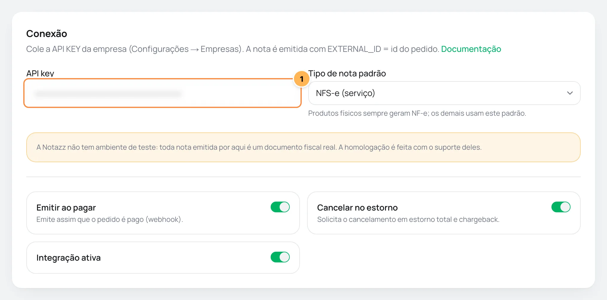 Card de conexão da Notazz no Vipter com o campo da API key numerado e o aviso de que não há ambiente de teste