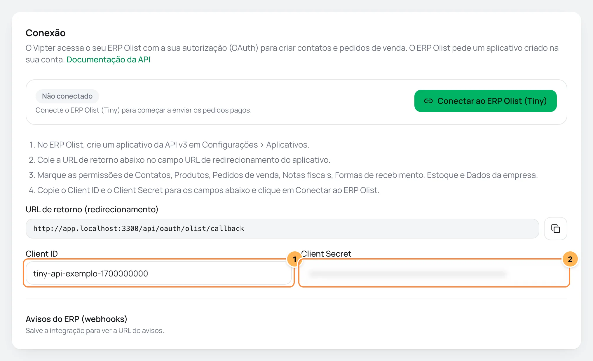 Card Conexão do ERP Olist no Vipter com os passos do aplicativo, a URL de retorno e os campos Client ID e Client Secret numerados