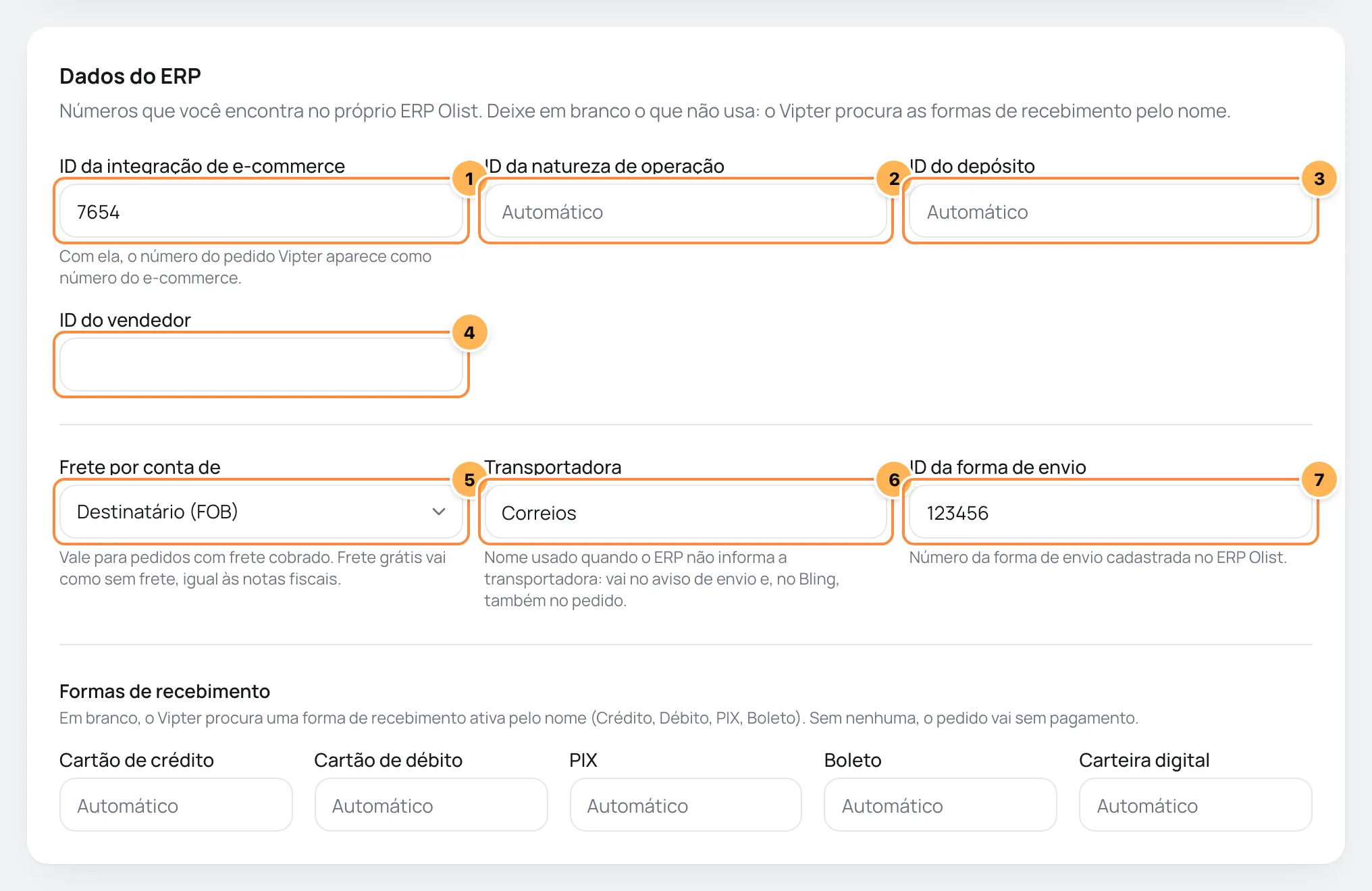 Card Dados do ERP do ERP Olist com os IDs da integração de e-commerce, da natureza de operação, do depósito e do vendedor, e os campos de frete numerados