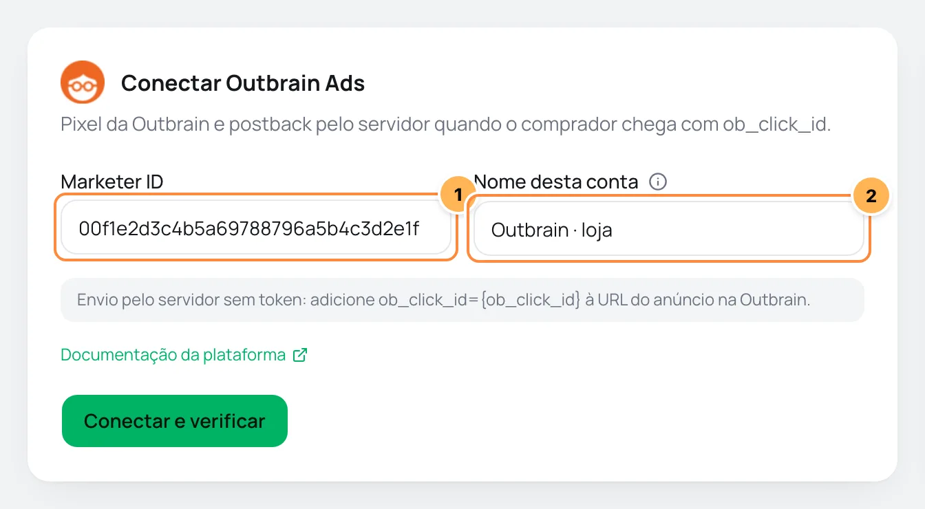 Formulário Conectar Outbrain Ads com Marketer ID e nome da conta numerados e o aviso sobre o parâmetro ob_click_id
