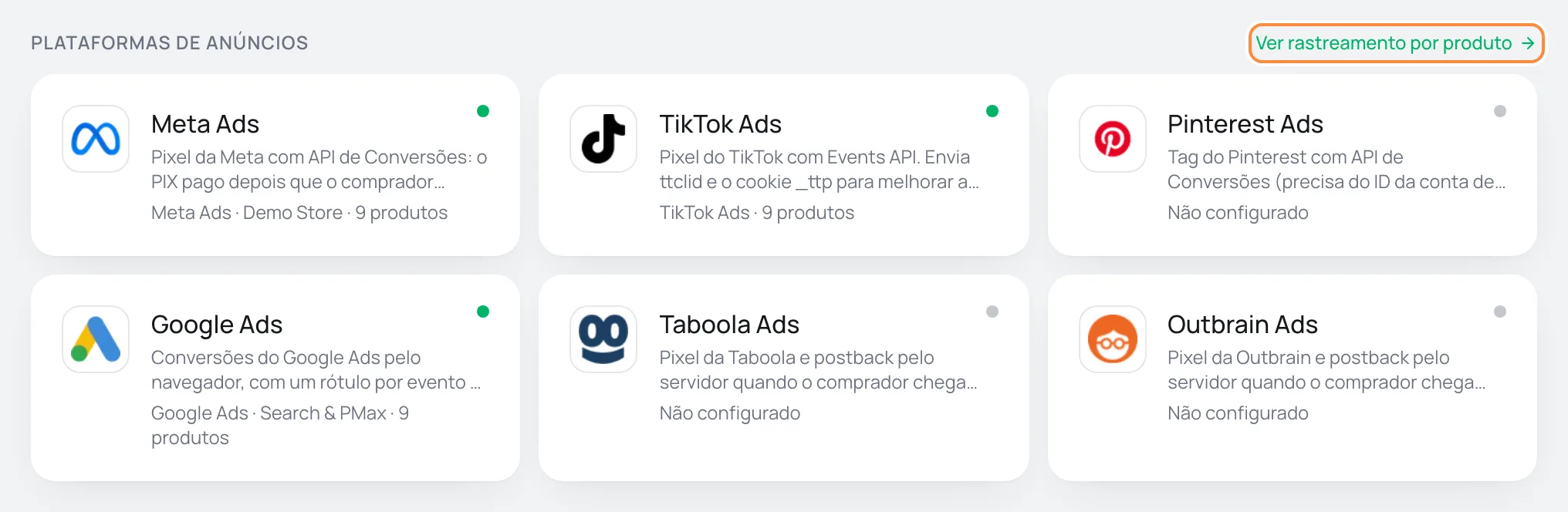 Seção Plataformas de anúncios da página Integrações, com os cartões da Meta, TikTok, Pinterest, Google Ads, Taboola e Outbrain e o link Ver rastreamento por produto destacado