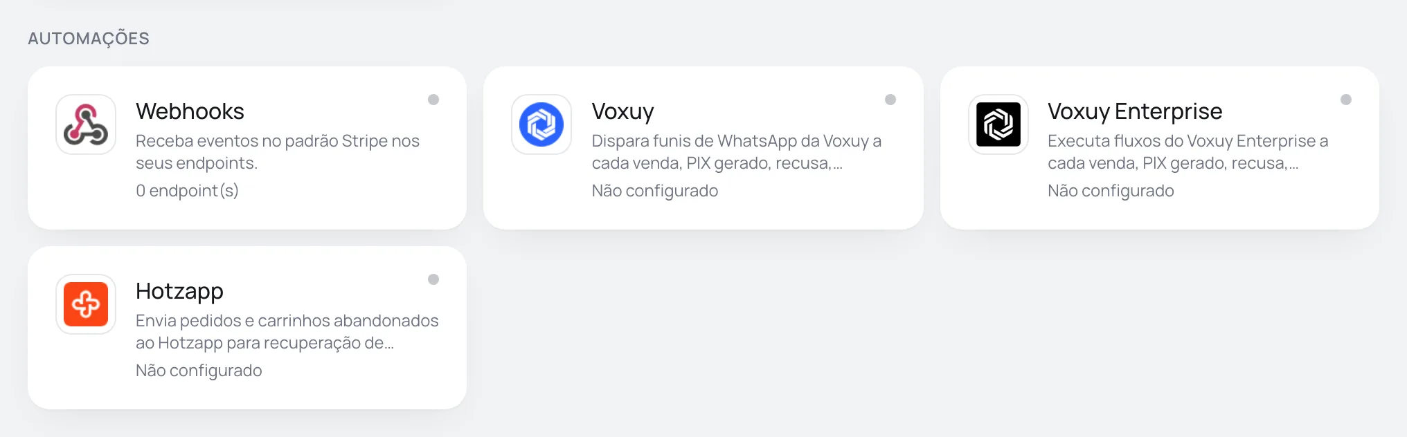 Seção Automações da página Integrações, com os cartões Webhooks, Voxuy, Voxuy Enterprise e Hotzapp