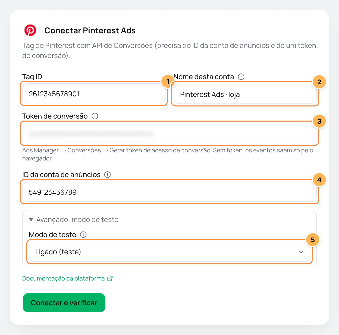 Formulário Conectar Pinterest Ads com Tag ID, nome da conta, token de conversão, ID da conta de anúncios e modo de teste numerados