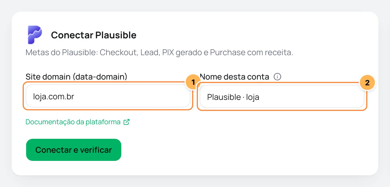 Formulário Conectar Plausible com o domínio do site e o nome da conta numerados