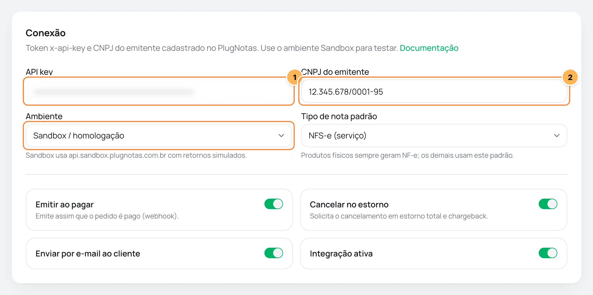 Card de conexão do PlugNotas no Vipter com o token e o CNPJ numerados e o Ambiente em Sandbox destacado