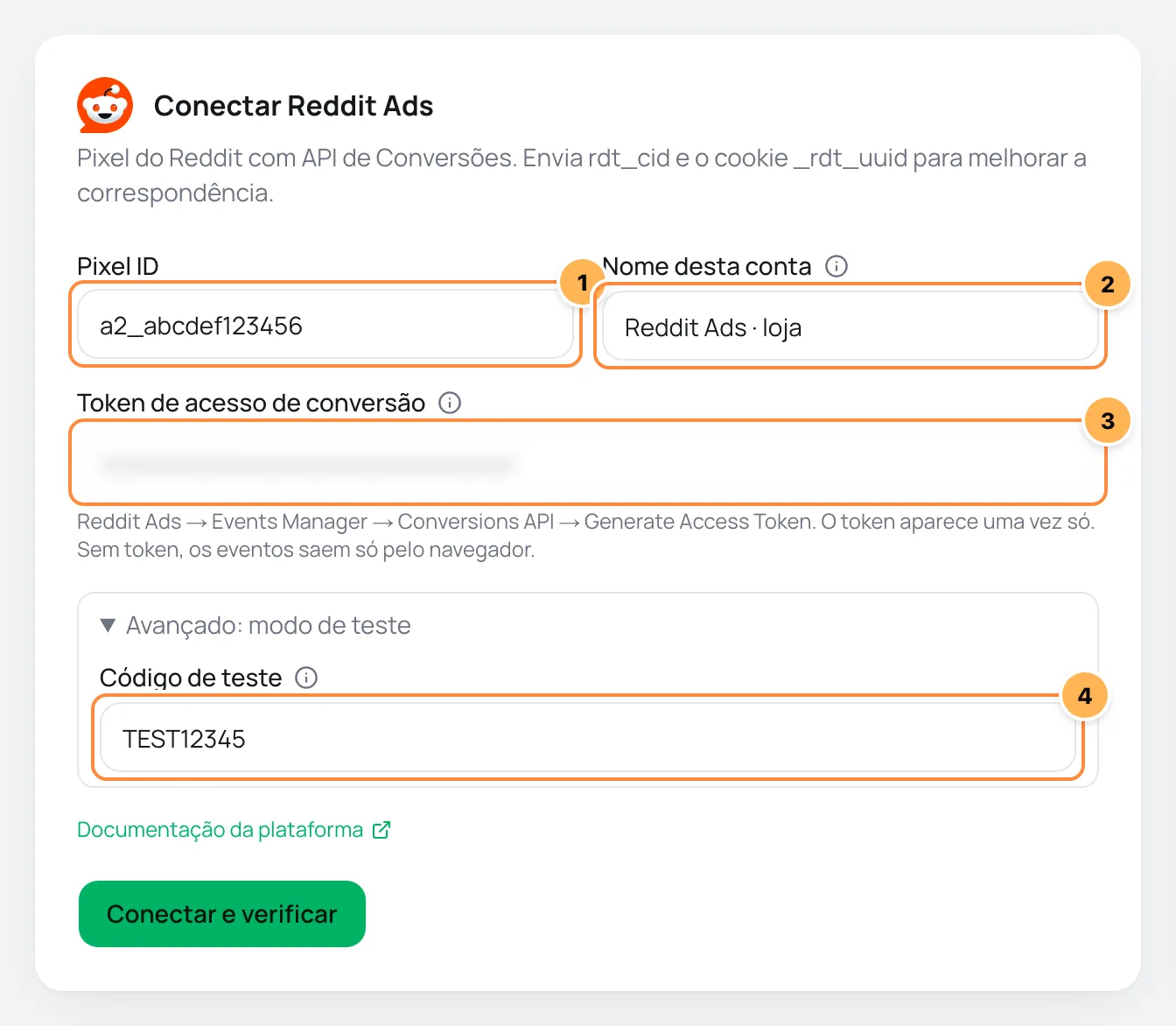 Formulário Conectar Reddit Ads com Pixel ID, nome da conta, token de acesso de conversão e código de teste numerados