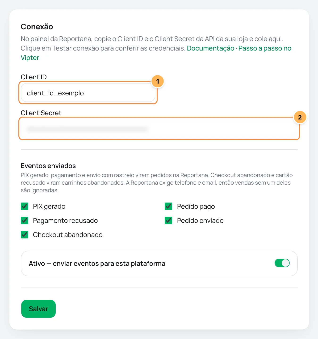 Cartão Conexão da Reportana no Vipter com o Client ID e o Client Secret numerados