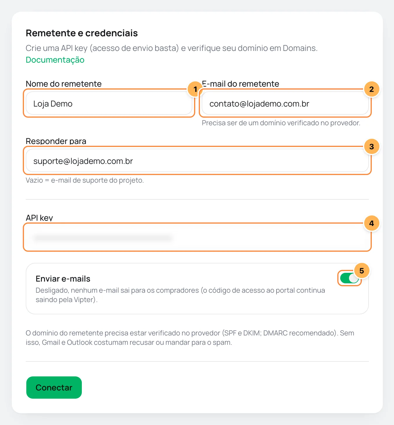 Formulário Remetente e credenciais com nome do remetente, e-mail do remetente, responder para e a chave numerados