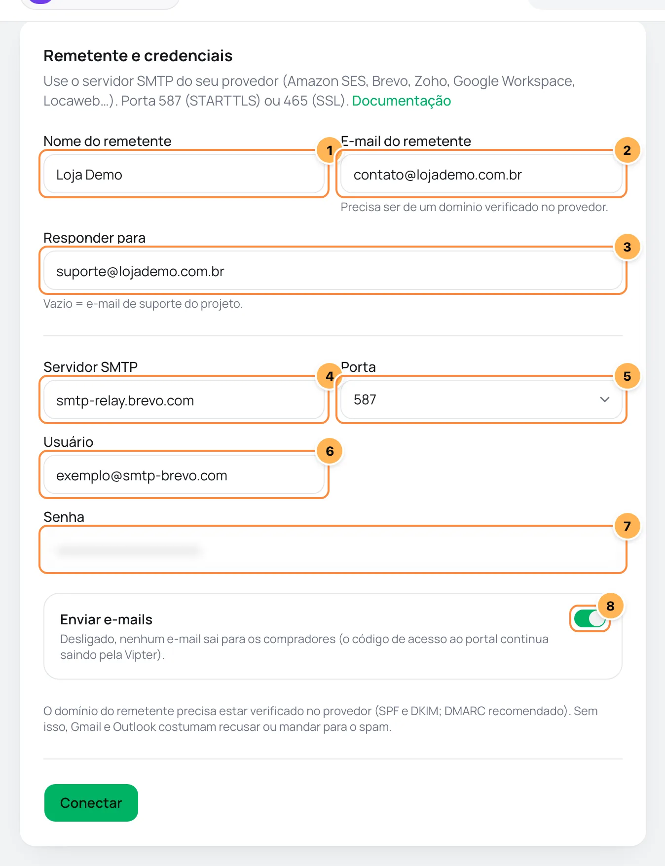 Formulário SMTP no Vipter com remetente, servidor, porta, usuário e senha numerados