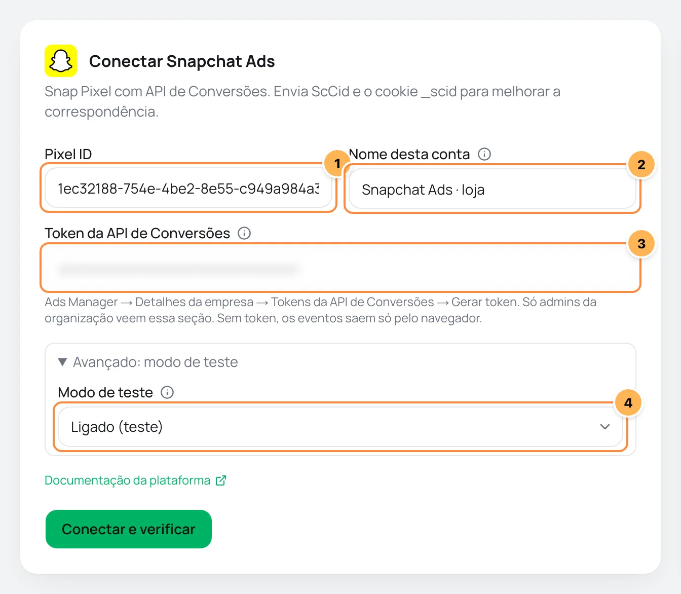 Formulário Conectar Snapchat Ads com Pixel ID, nome da conta, token da API de Conversões e modo de teste numerados