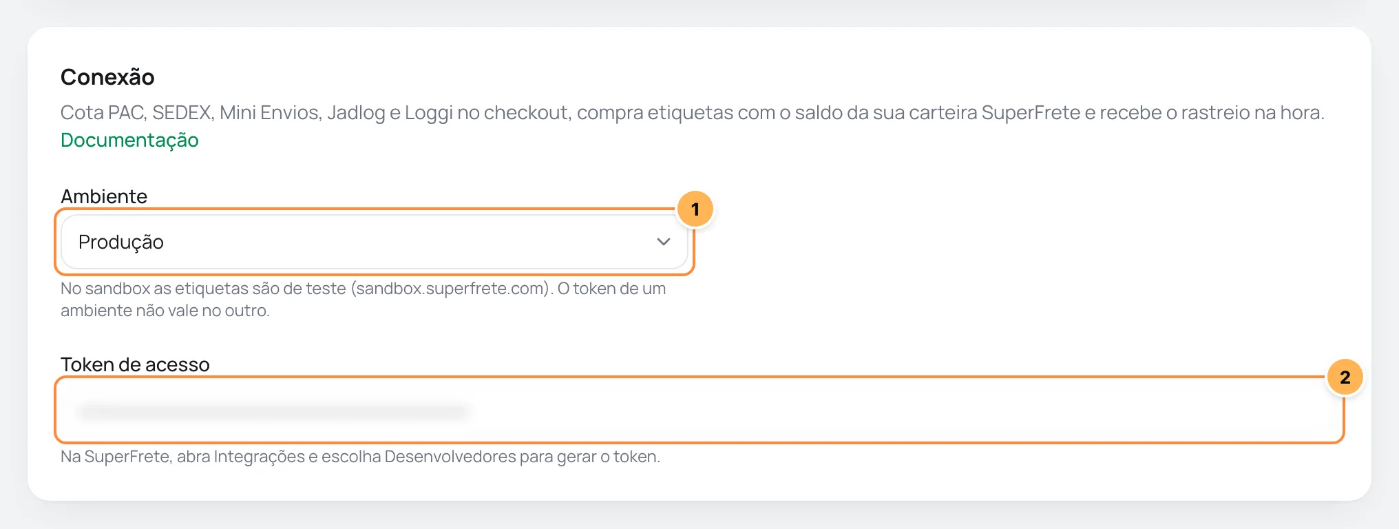 Card Conexão da SuperFrete no Vipter com o ambiente e o token numerados