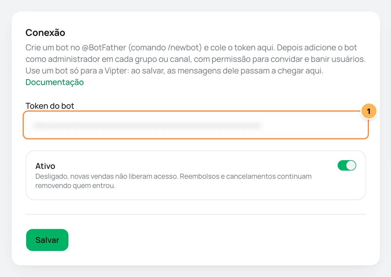 Card Conexão do Telegram no Vipter com o token do bot numerado