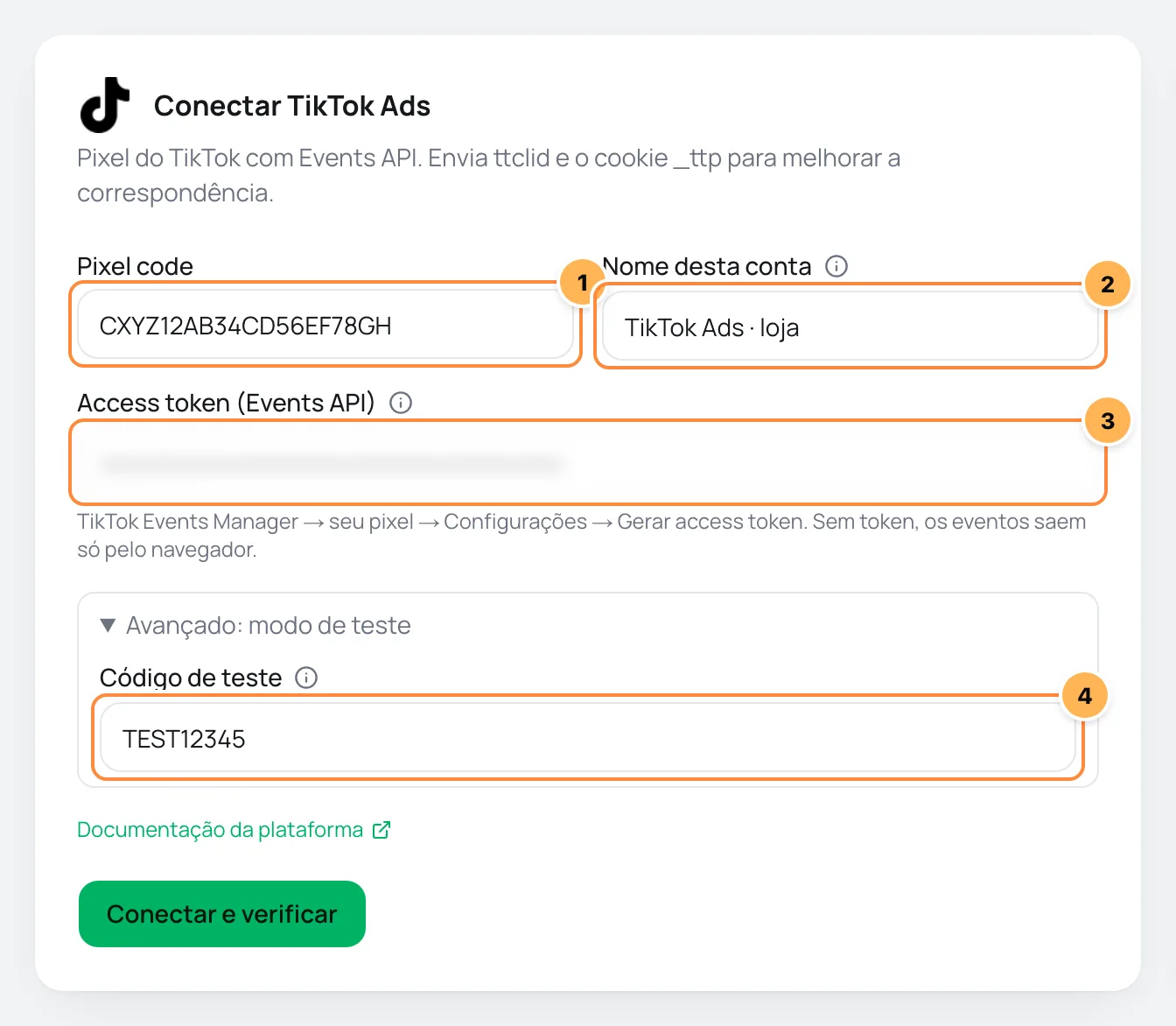 Formulário Conectar TikTok Ads com Pixel code, nome da conta, access token e código de teste numerados