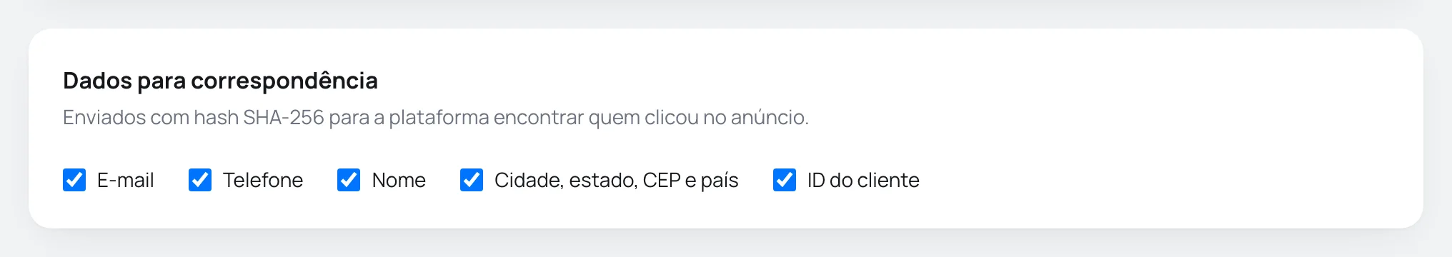 Cartão Dados para correspondência com E-mail, Telefone, Nome, Cidade estado CEP e país e ID do cliente marcados