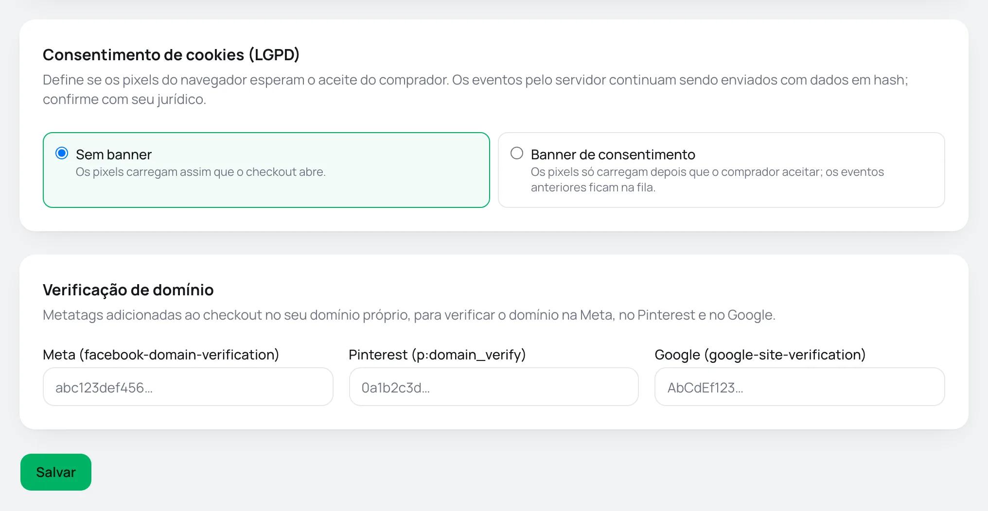 Opções de consentimento de cookies e campos de verificação de domínio da Meta, do Pinterest e do Google