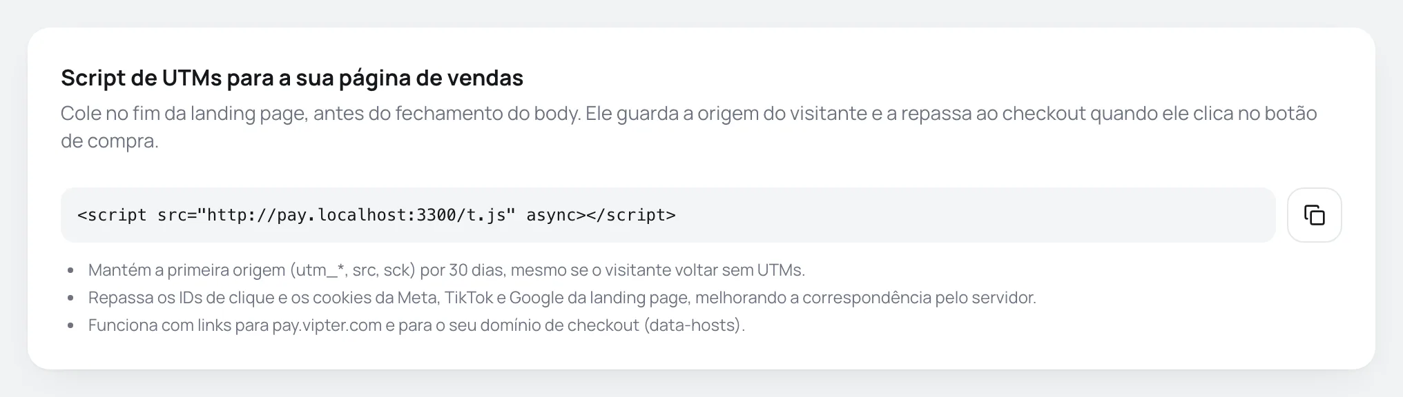 Cartão Script de UTMs com o código para copiar