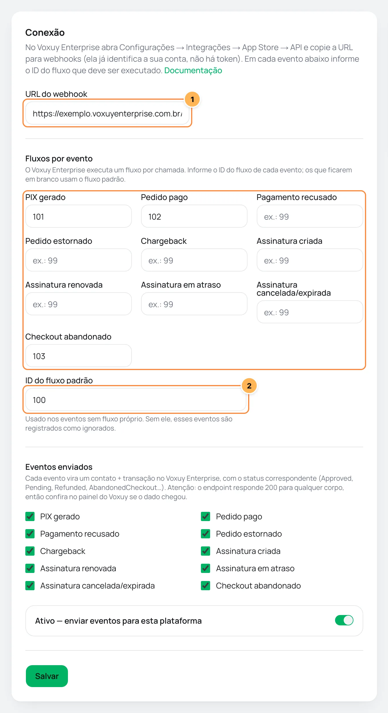 Cartão Conexão da Voxuy Enterprise no Vipter com a URL do webhook, os fluxos por evento destacados e o ID do fluxo padrão