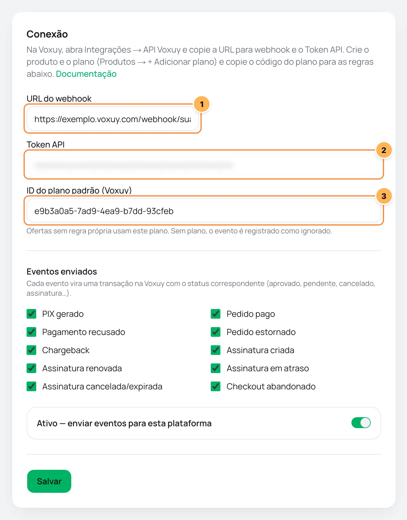 Cartão Conexão da Voxuy no Vipter com URL do webhook, Token API e ID do plano padrão numerados