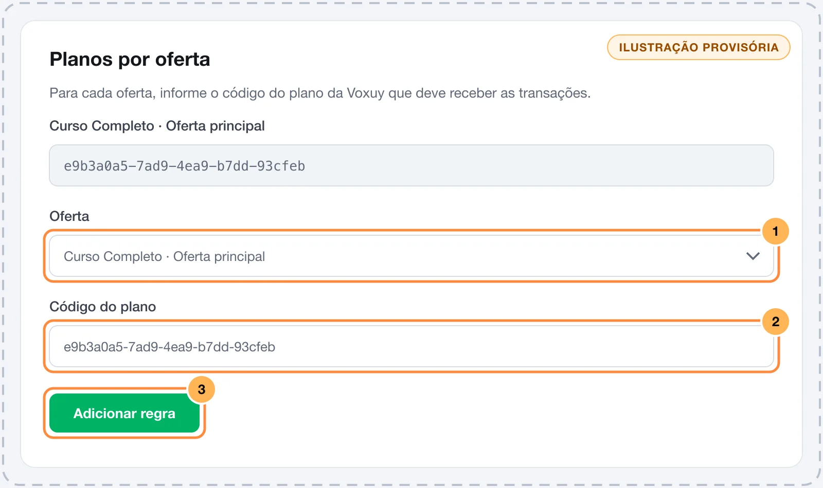 Planos por oferta da Voxuy no Vipter, com uma regra criada, o seletor de oferta e o código do plano