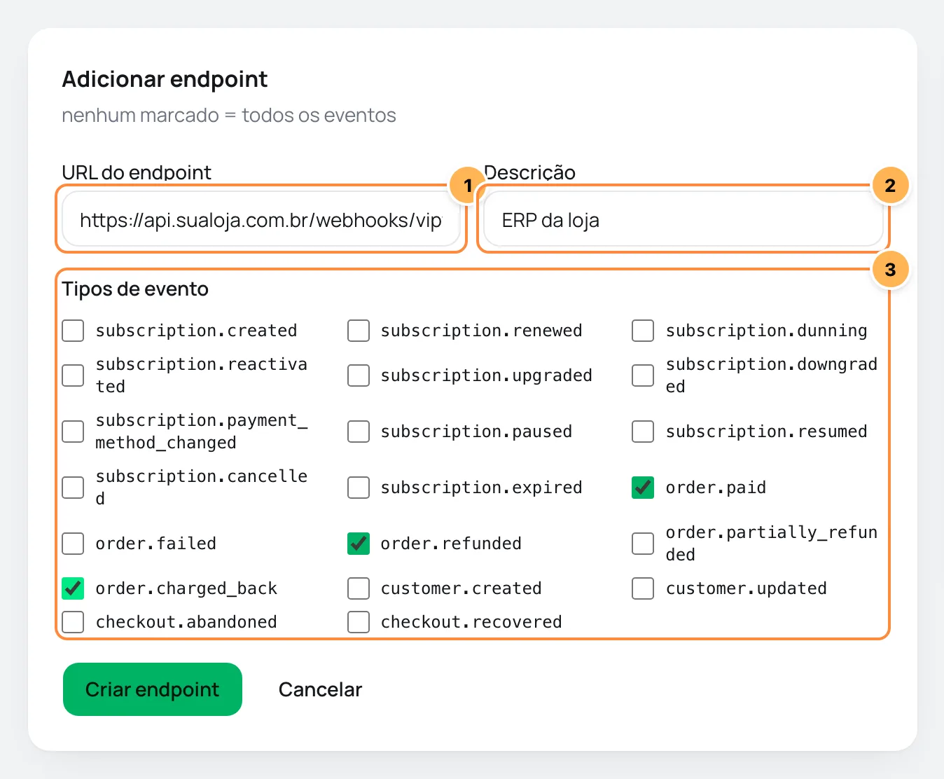 Formulário Adicionar endpoint com URL, descrição e a lista de tipos de evento numerados