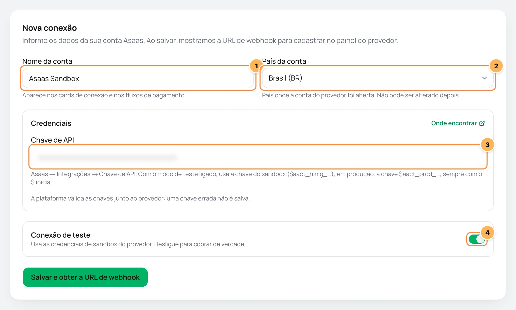 Formulário de nova conexão Asaas no Vipter, com os campos numerados
