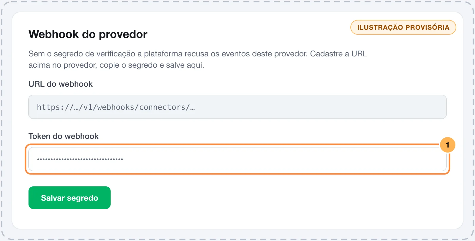 Card da conexão Asaas no Vipter com a URL do webhook e o campo do token