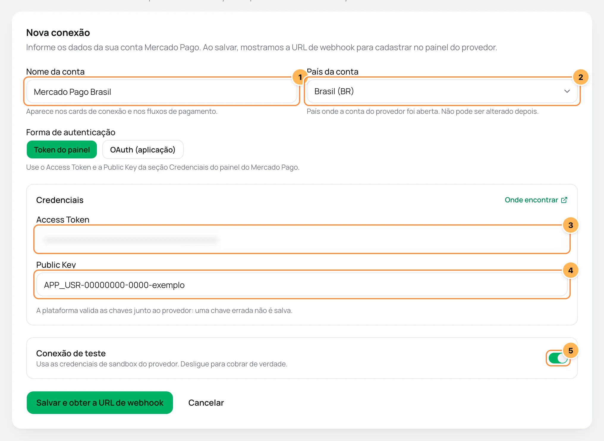 Formulário de nova conexão Mercado Pago no Vipter com Token do painel, com os campos numerados