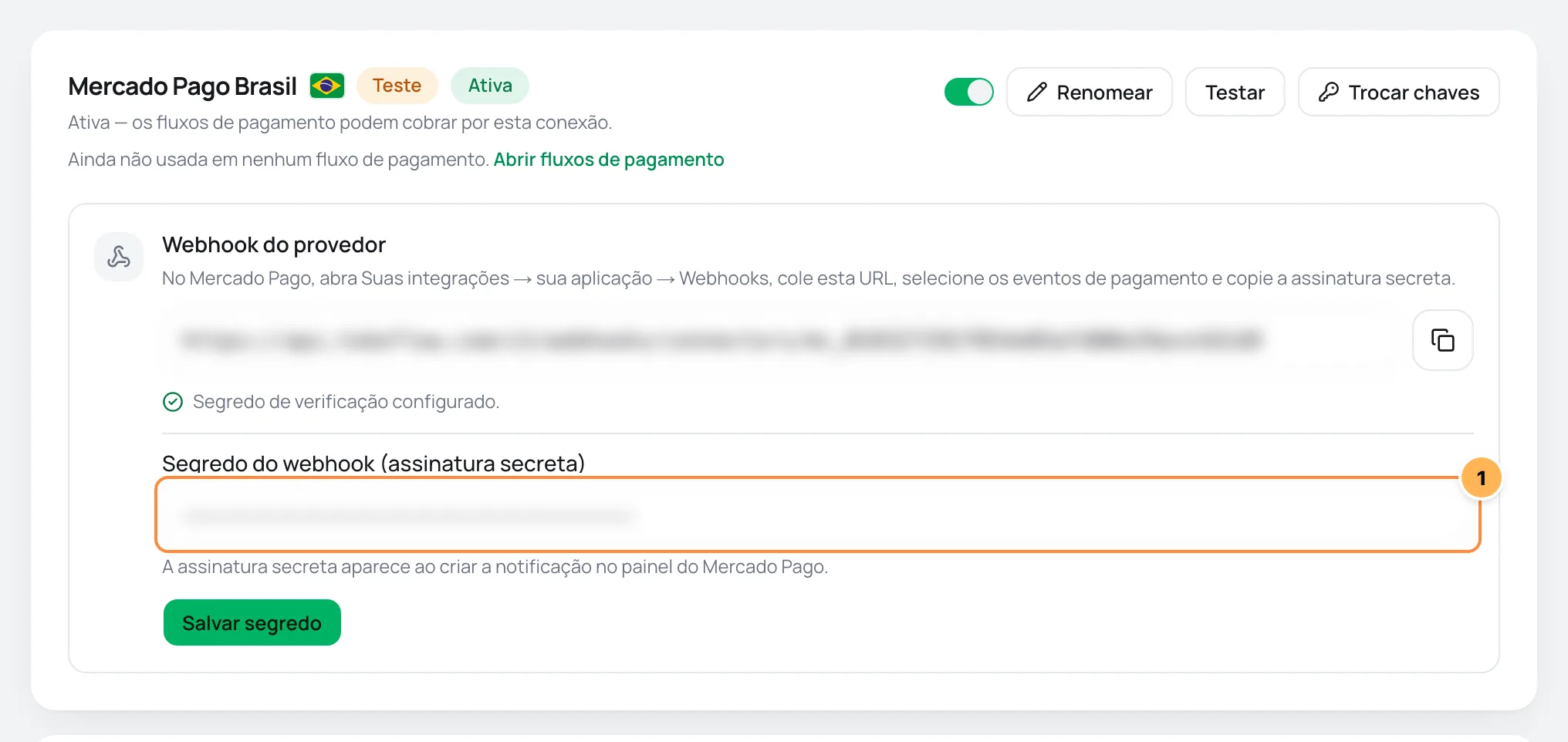 Card da conexão Mercado Pago no Vipter com a URL do webhook e o campo da assinatura secreta
