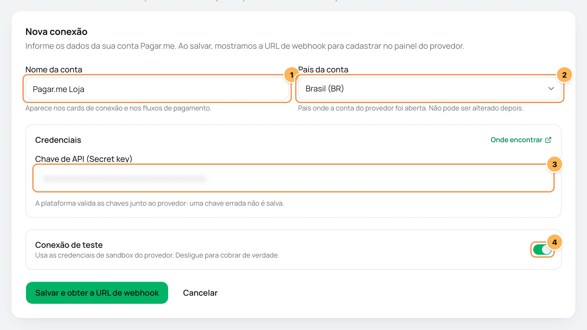 Formulário de nova conexão Pagar.me no Vipter, com os campos numerados