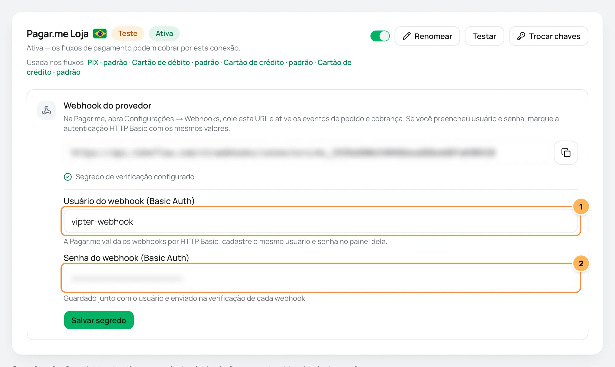 Card da conexão Pagar.me no Vipter com a URL do webhook e os campos de usuário e senha numerados