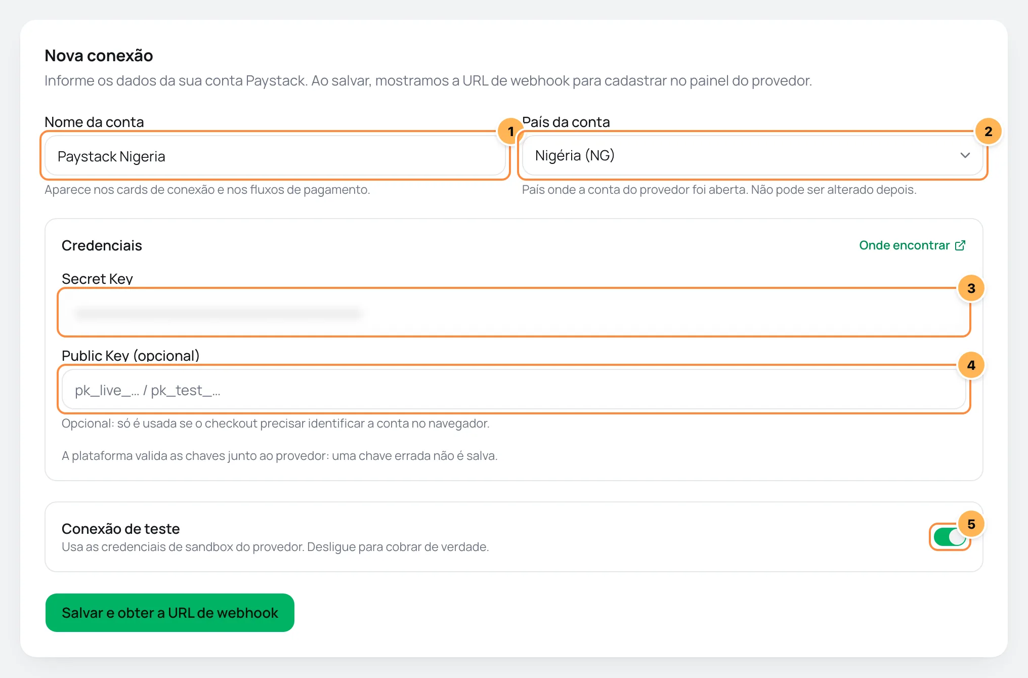 Formulário de nova conexão Paystack no Vipter, com os campos numerados