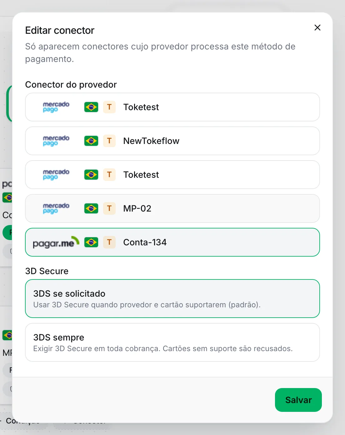 Janela de conector com a lista de contas e as opções de 3D Secure